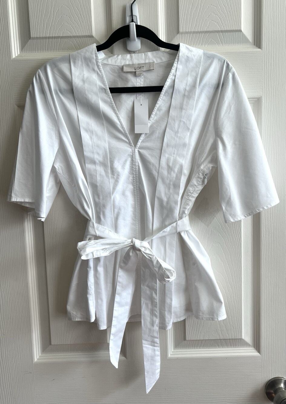 LOFT ANN TAYLOR 2025 White Paneled Self Tie V-Neck Blouse Top Sz 4 NWT